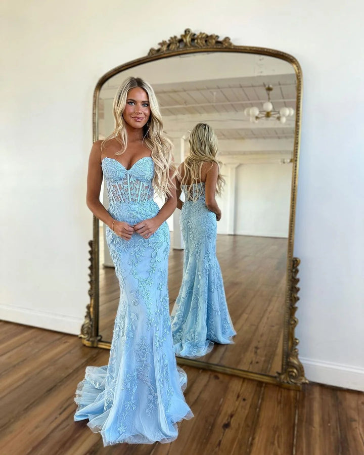 Lumidress Light Blue Lace Sweetheart Mermaid Prom Gown