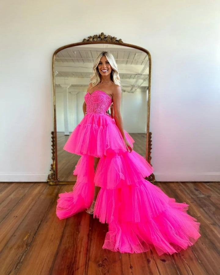 Lumidress Hot Pink A-Line Sweetheart Prom Dress with Lace Details