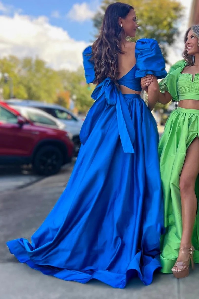 Lumidress Stylish Two-Piece Green Puff Sleeve Formal Dress with Tie-Back Detail