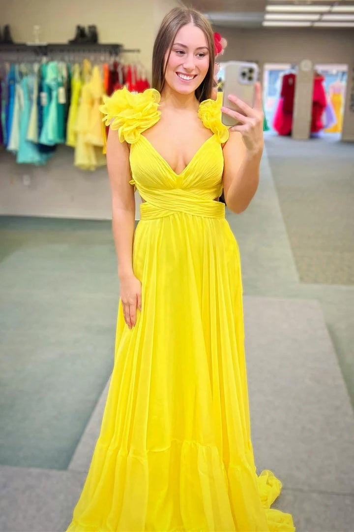 Lumidress V-Neck Ruffled Long Prom&Evening Dress with 3D Floral Shoulders