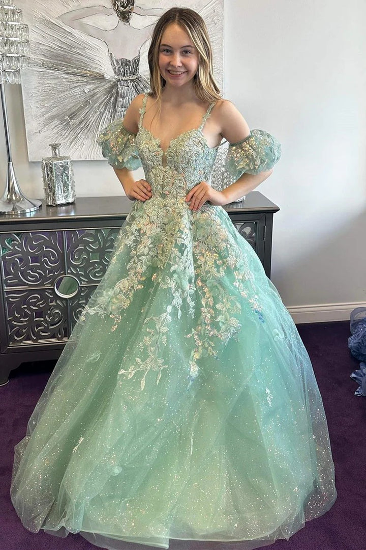 Lumidress A-Line Applique V-Neck Long Formal Prom Dress with Removable Sleeves