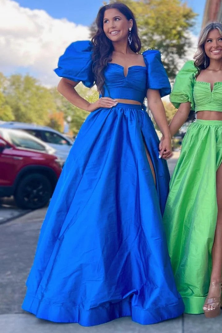 Lumidress Stylish Two-Piece Green Puff Sleeve Formal Dress with Tie-Back Detail