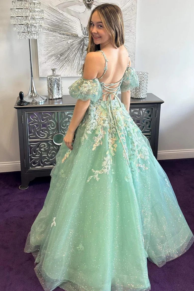 Lumidress A-Line Applique V-Neck Long Formal Prom Dress with Removable Sleeves