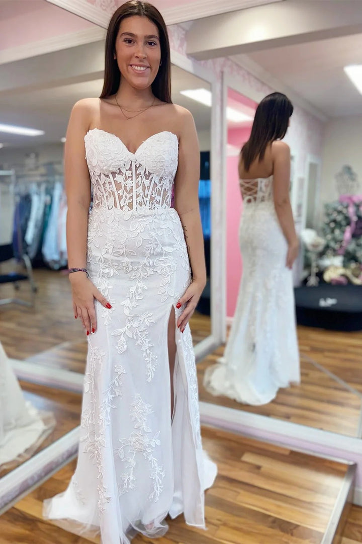 Lumidress Elegant Mermaid Strapless Prom Dress with Lace Appliques and Slit