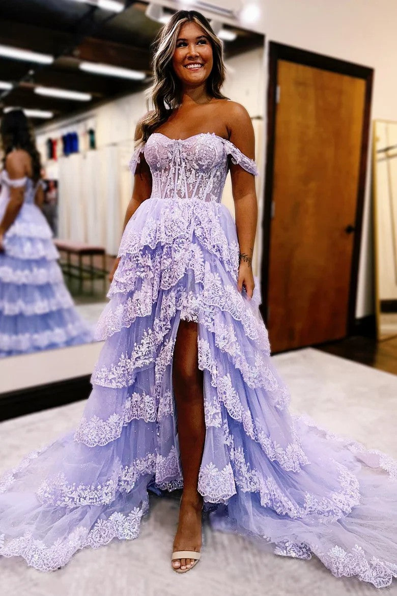 Lumidress Pink Layered Lace Off-Shoulder Princess Gown with High Slit