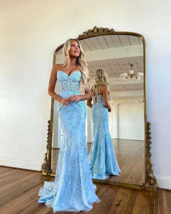 Lumidress Light Blue Lace Sweetheart Mermaid Prom Gown