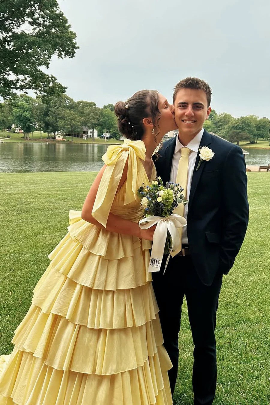 Lumidress Sunshine Yellow Tiered Ruffle A-Line Evening Gown with Bow-Tie Shoulders