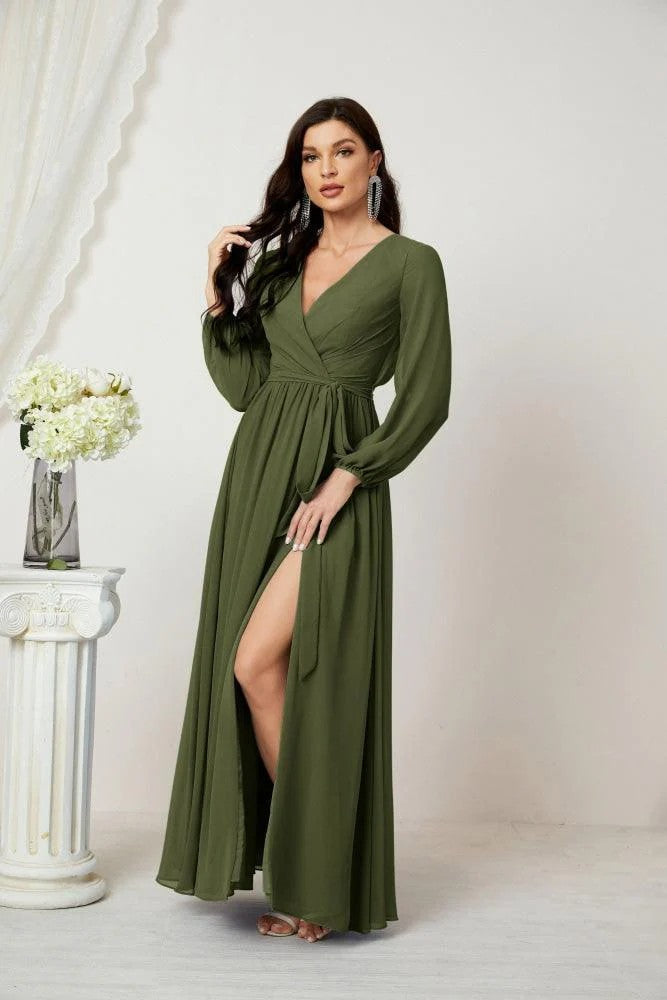 Lumidress Deep V-Neck Chiffon Evening Dress with Bishop Sleeves &amp; Side Slit