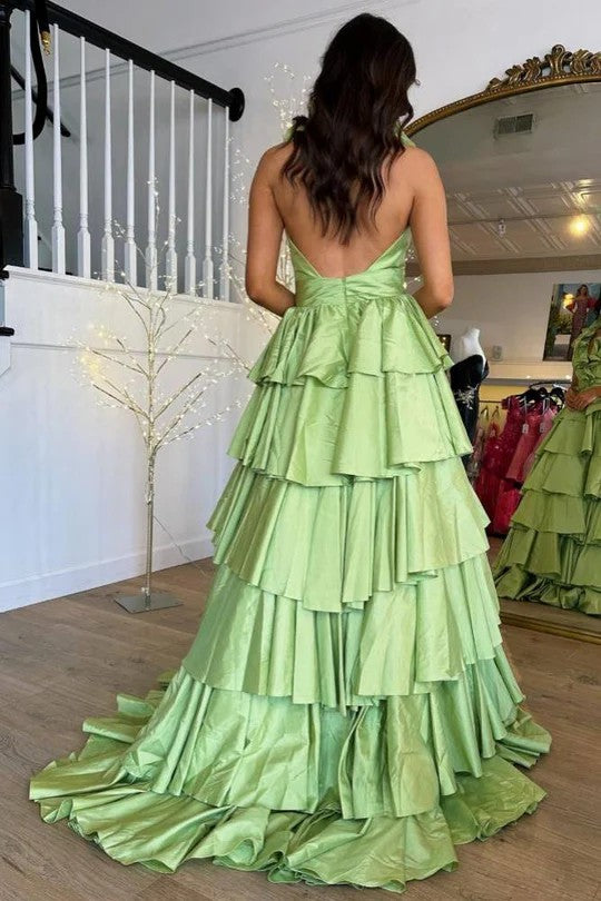 Lumidress Satin A-Line Halter Prom Dress with Slit and Ruffle Detail