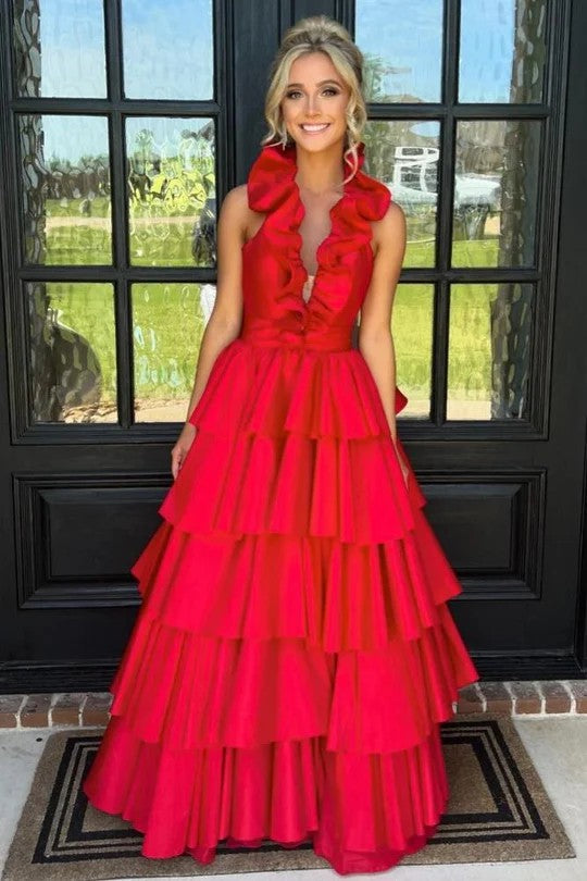 Lumidress Satin A-Line Halter Prom Dress with Slit and Ruffle Detail