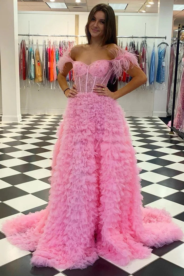 Lumidress Blush Pink Off-Shoulder Feathered Corset Gown with Layered Ruffle Train