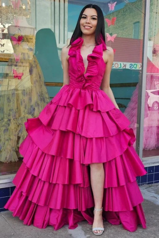 Lumidress Satin A-Line Halter Prom Dress with Slit and Ruffle Detail