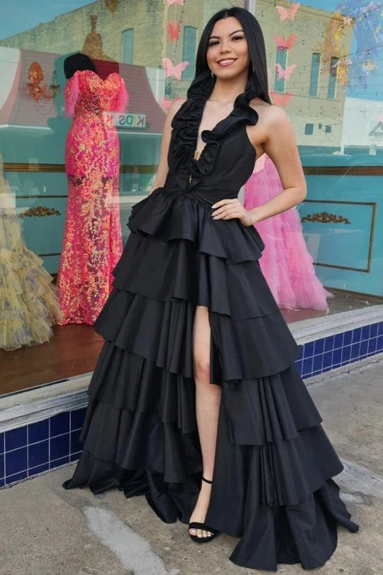 Lumidress Satin A-Line Halter Prom Dress with Slit and Ruffle Detail