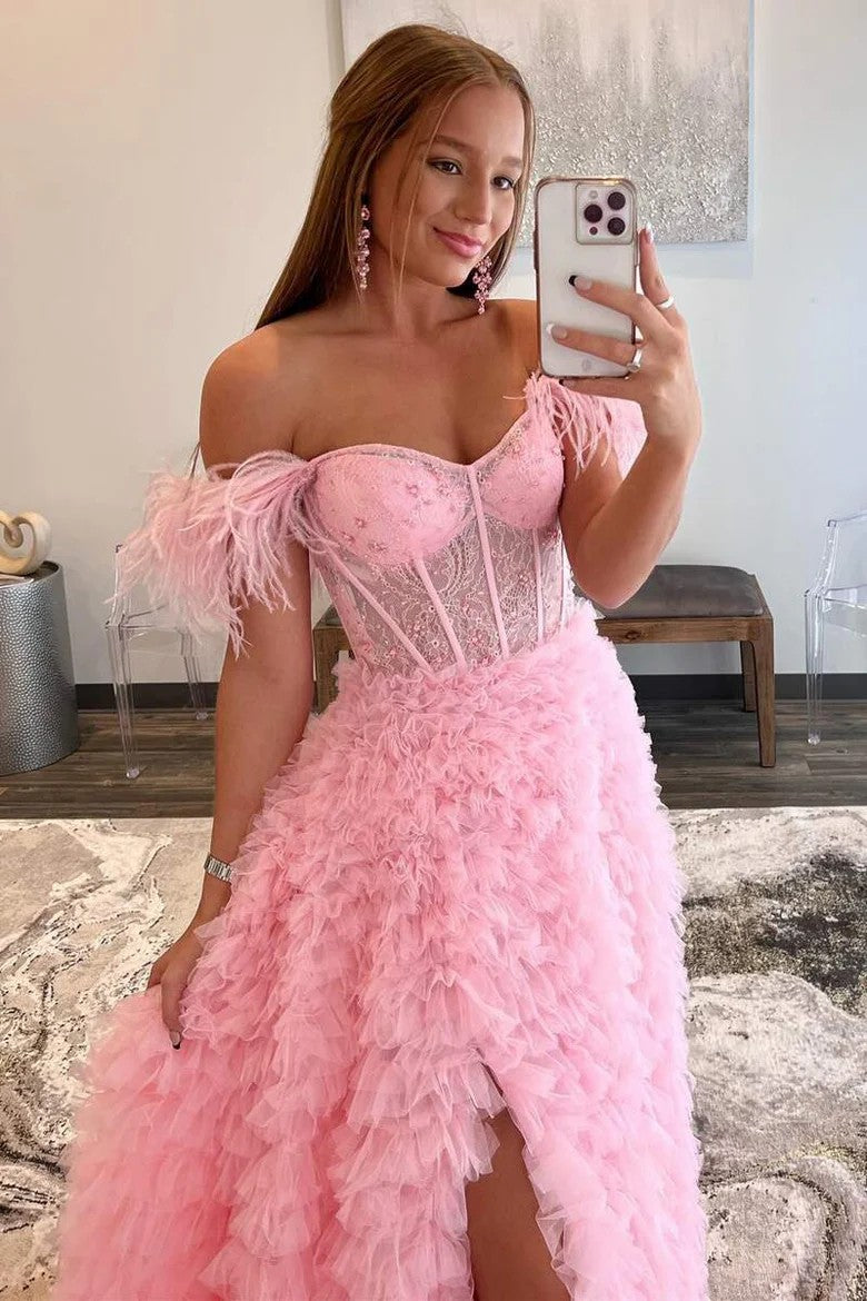 Lumidress Blush Pink Off-Shoulder Feathered Corset Gown with Layered Ruffle Train