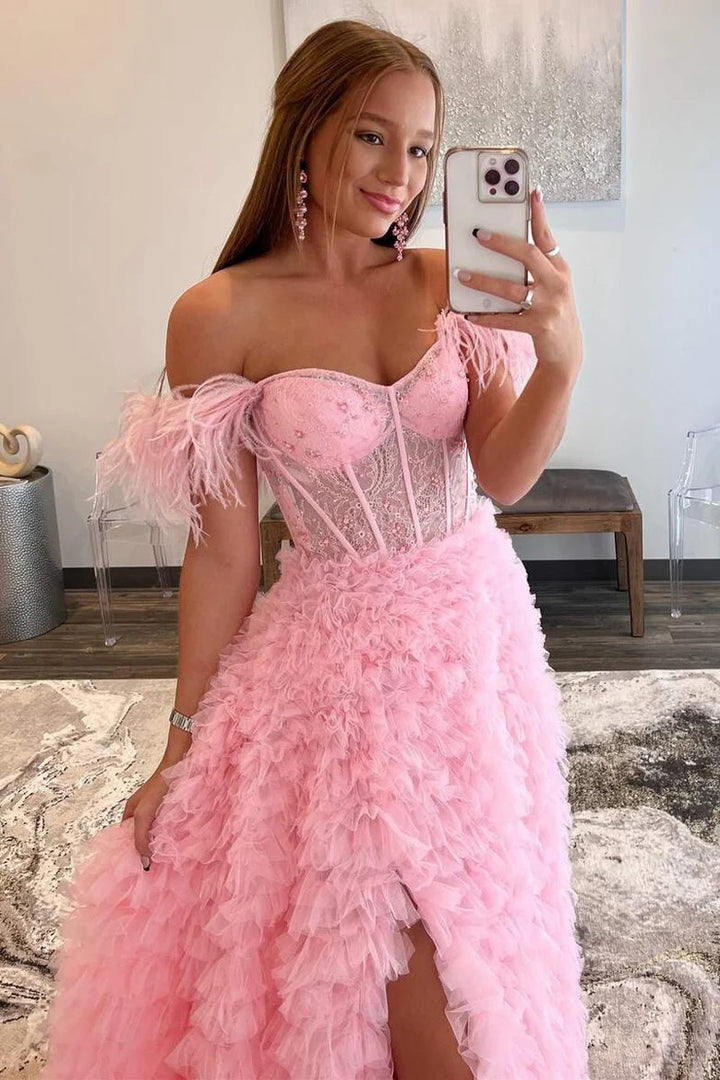 Lumidress Blush Pink Off-Shoulder Feathered Corset Gown with Layered Ruffle Train