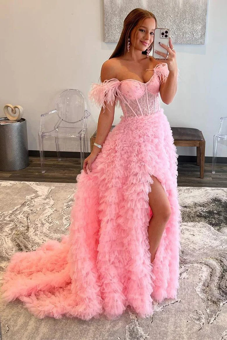 Lumidress Blush Pink Off-Shoulder Feathered Corset Gown with Layered Ruffle Train