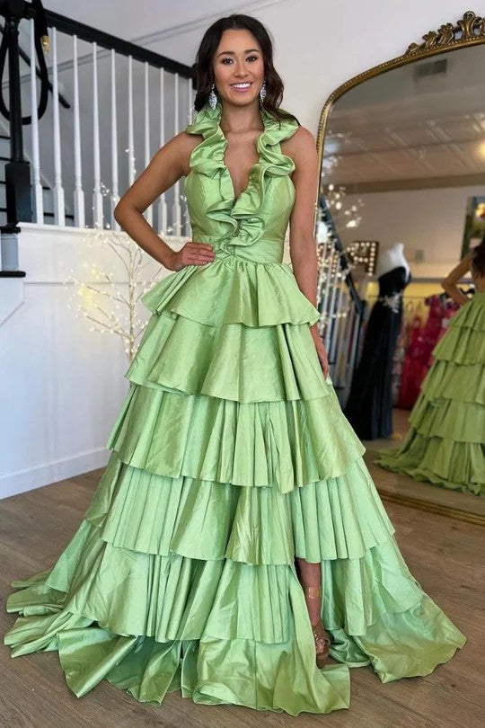 Lumidress Satin A-Line Halter Prom Dress with Slit and Ruffle Detail