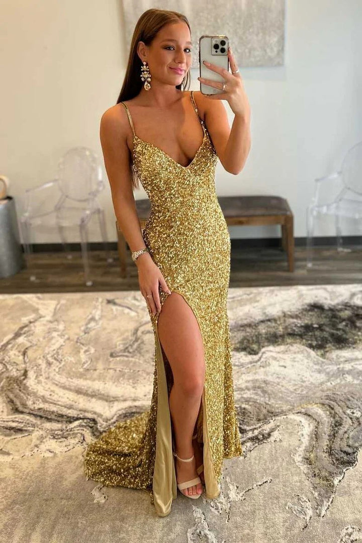 Lumidress Elegant Gold Sequin V-Neck Long Prom Dress with Side Slit
