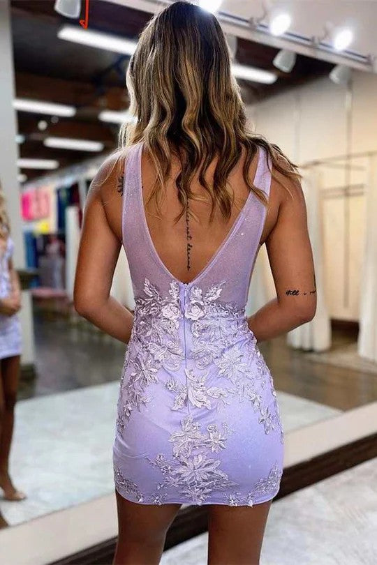 Lumidress Elegant Floral Lace Plunging V-Neck Bodycon Homecoming Dress