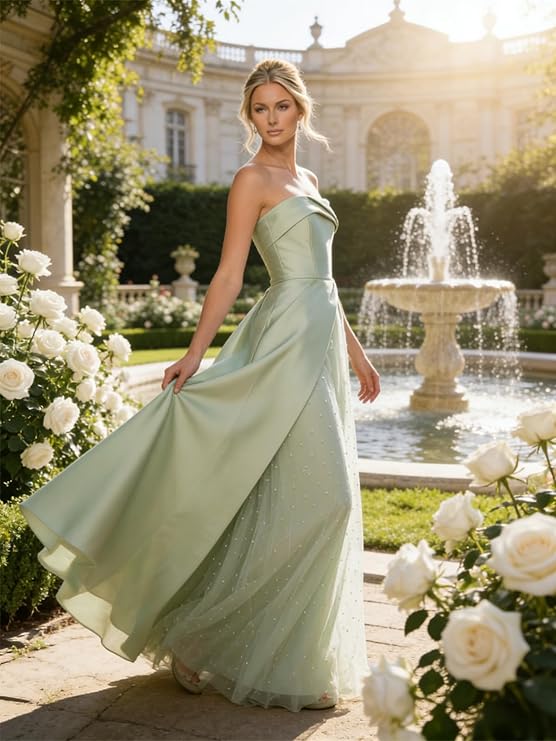 Lumidress Elegant Strapless A-Line Satin Evening Gown with Layered Tulle Skirt