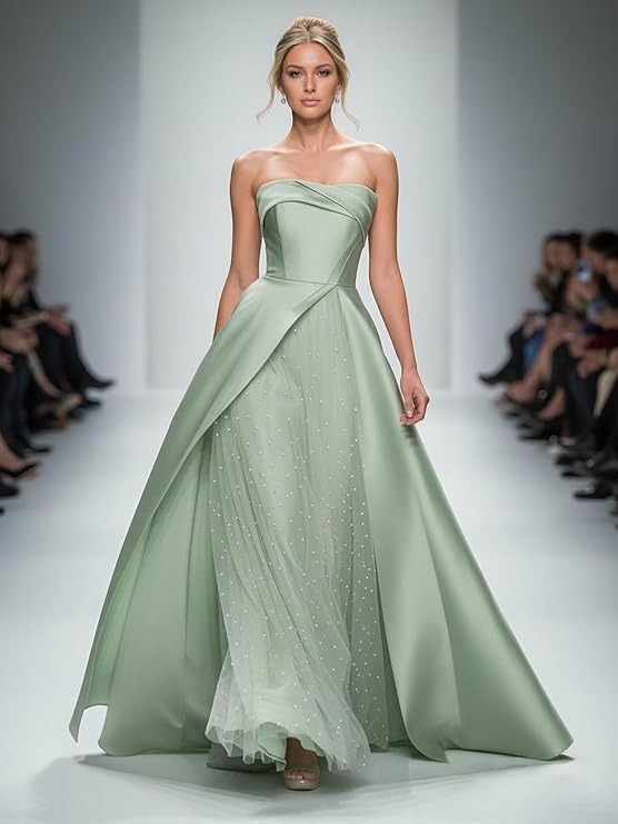 Lumidress Elegant Strapless A-Line Satin Evening Gown with Layered Tulle Skirt