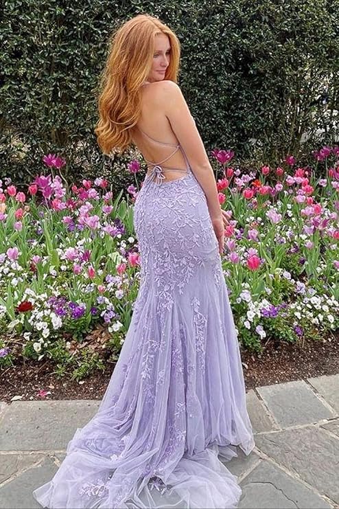 Lumidress Mermaid Spaghetti Strap Backless Maxi Dress with Lace Appliques