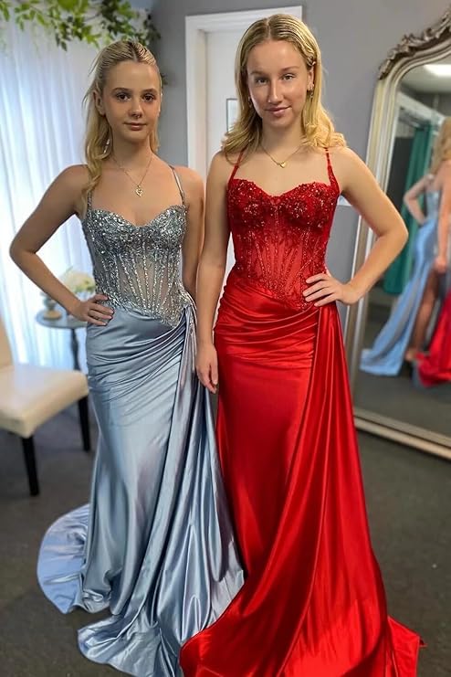 Lumidress Sage Green Embellished Corset Satin Gown with High Slit