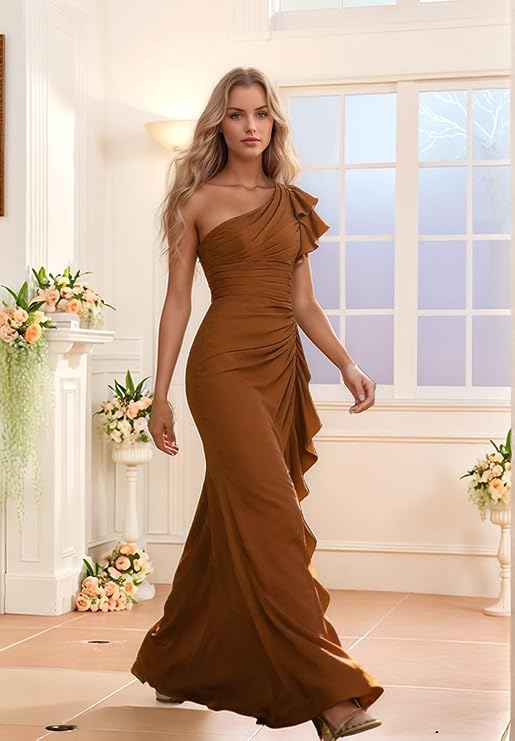 Lumidress Elegant One-Shoulder Ruched Chiffon Long Evening Gown with Ruffle Detail