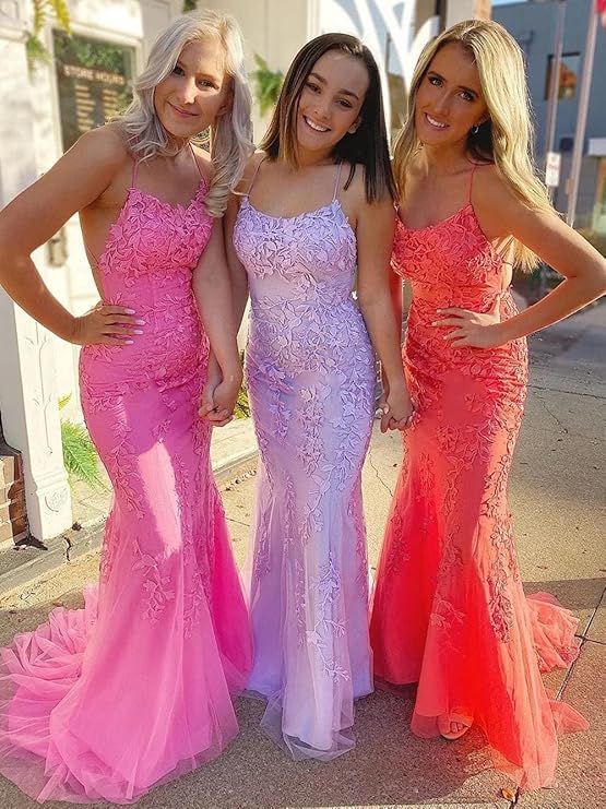 Lumidress Mermaid Spaghetti Strap Backless Maxi Dress with Lace Appliques