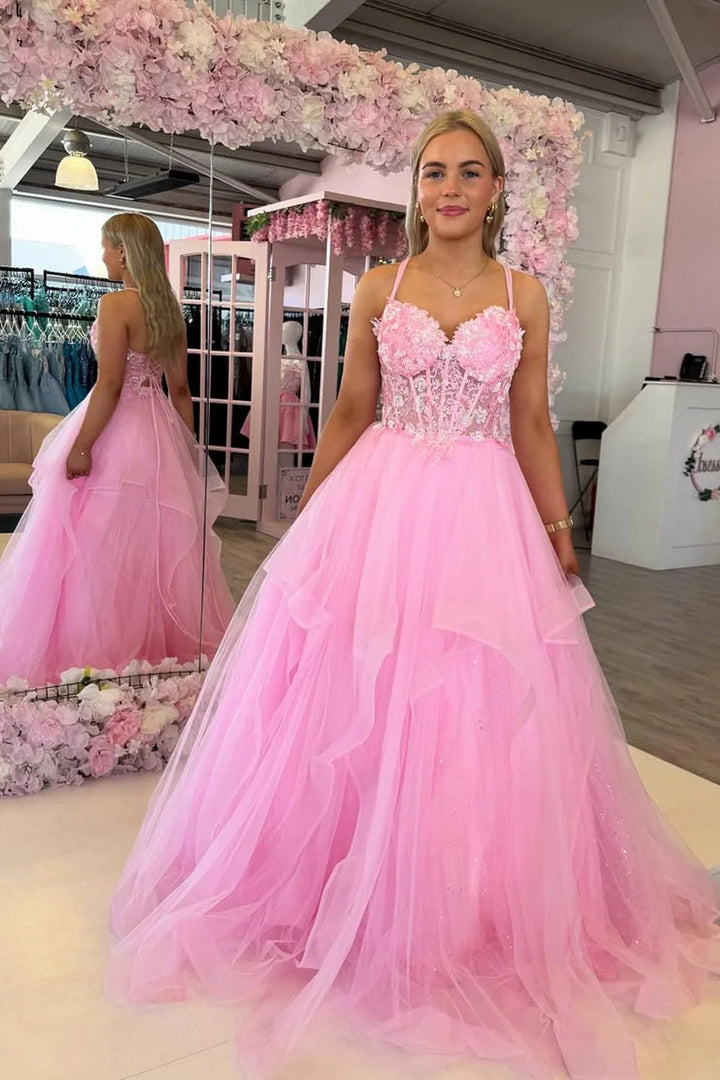 Lumidress Romantic Pink Tiered Tulle A-Line Prom Dress with Lace Appliqués