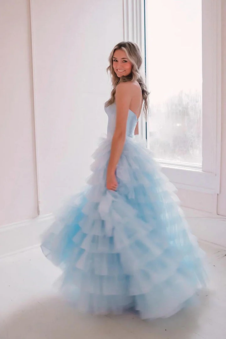 Lumidress Off-Shoulder Sweetheart Tiered Tulle Long Prom Dress with Slit