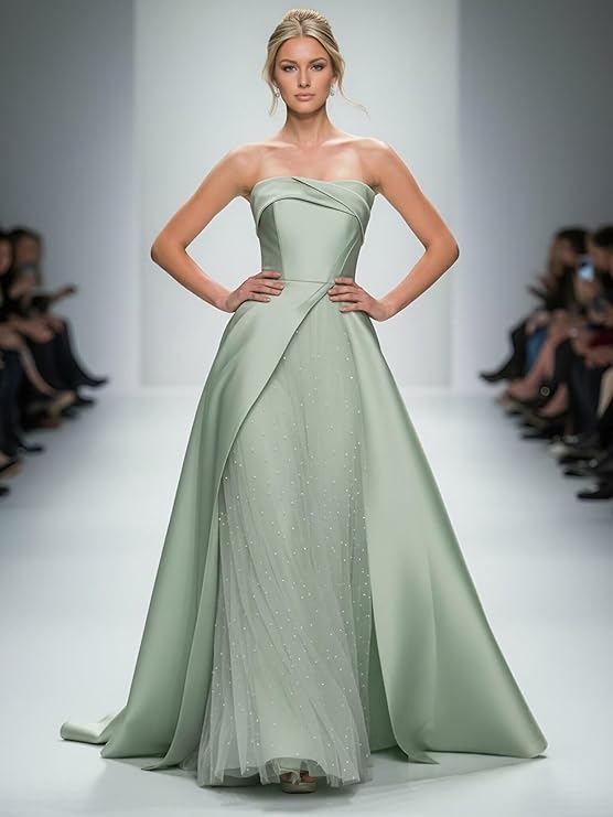 Lumidress Elegant Strapless A-Line Satin Evening Gown with Layered Tulle Skirt