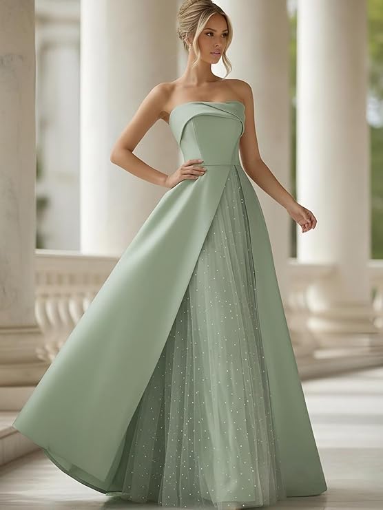 Lumidress Elegant Strapless A-Line Satin Evening Gown with Layered Tulle Skirt