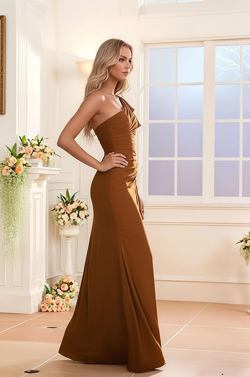 Lumidress Elegant One-Shoulder Ruched Chiffon Long Evening Gown with Ruffle Detail