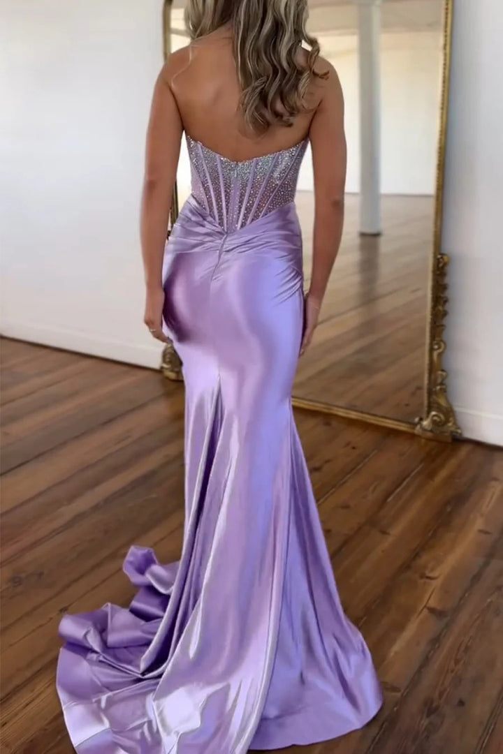 Lumidress Elegant Lavender Strapless Mermaid Satin Evening Gown with Beaded Corset Bodice