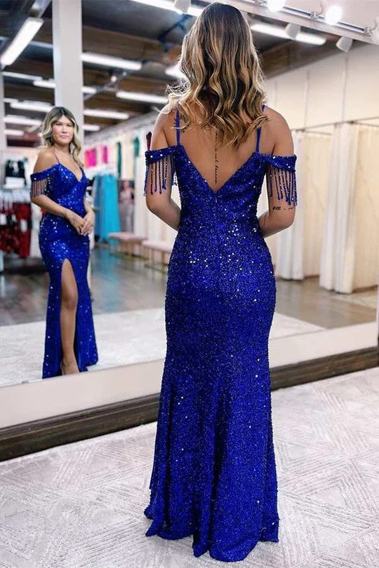 Lumidress Royal Blue Sequin Cold-Shoulder Long Prom Dress with Fringe &amp; Side Slit