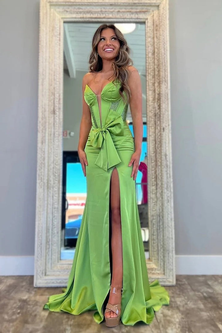 Lumidress Green Satin Mermaid Gown with Deep V Illusion Neckline and Statement Bow