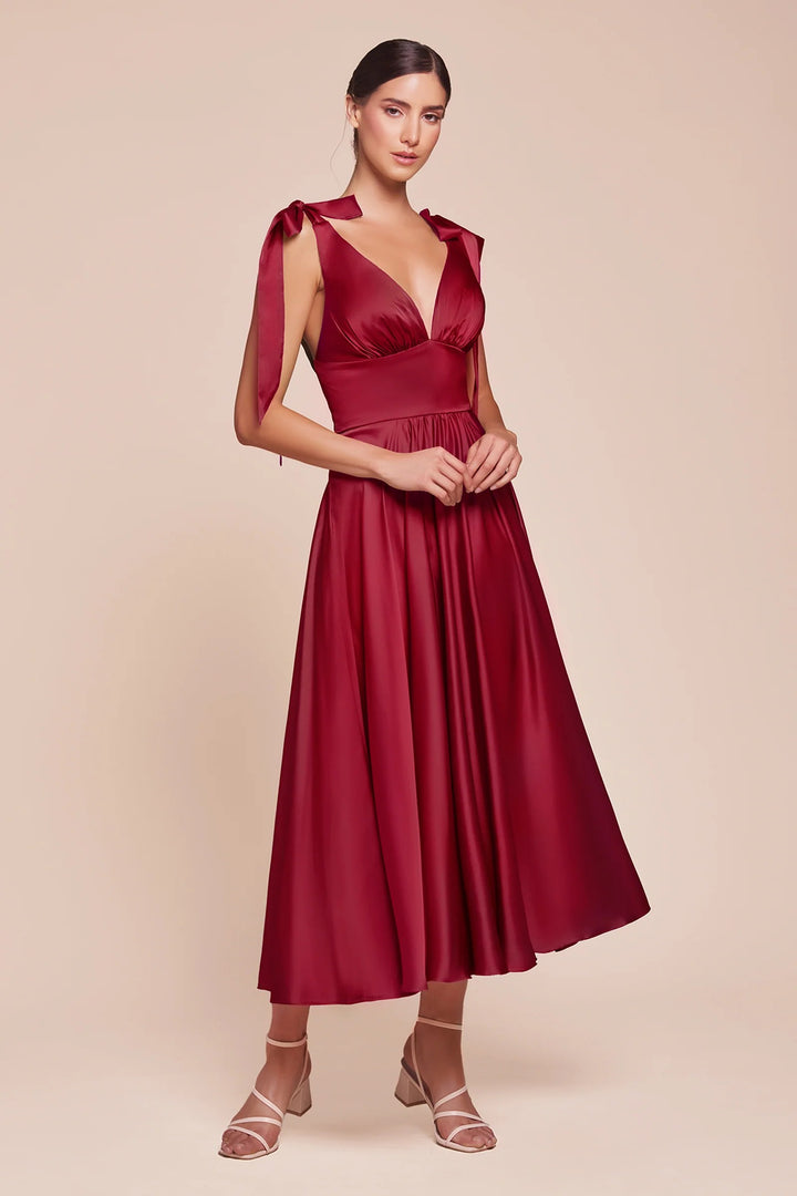 Lumidress Elegant Satin Sleeveless A-Line Tea-Length Bridesmaid Dress