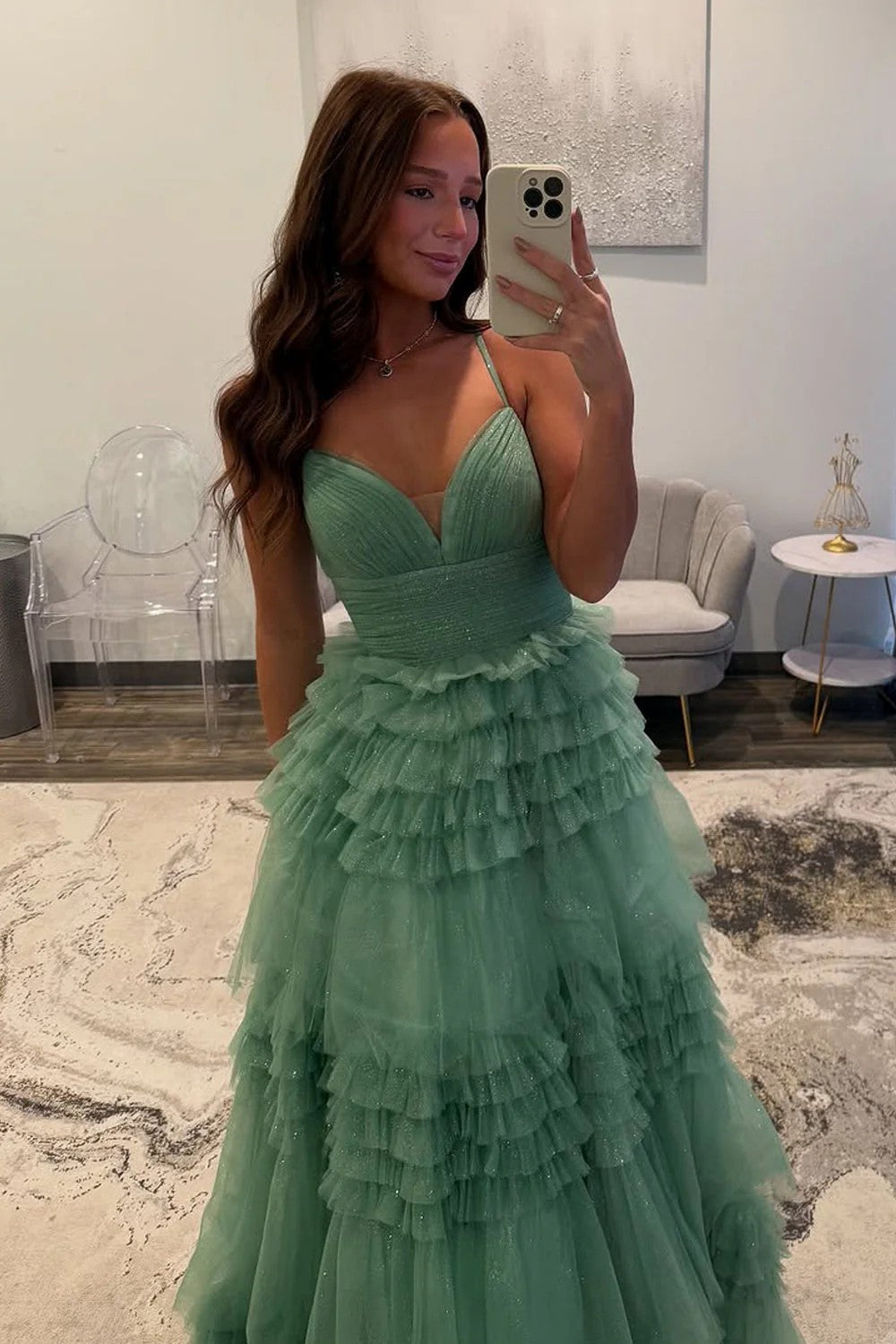Lumidress Sage Green Tulle A-Line Prom Dress with V-Neck and Tiered Ruffles