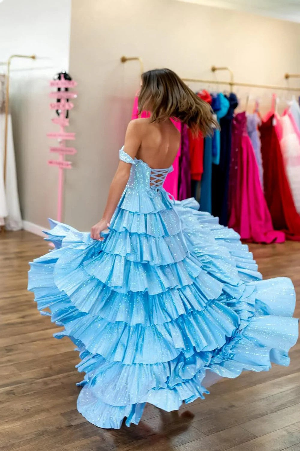 Lumidress Sky Blue Off-the-Shoulder Tiered Ruffle Mermaid Prom Gown with High Slit