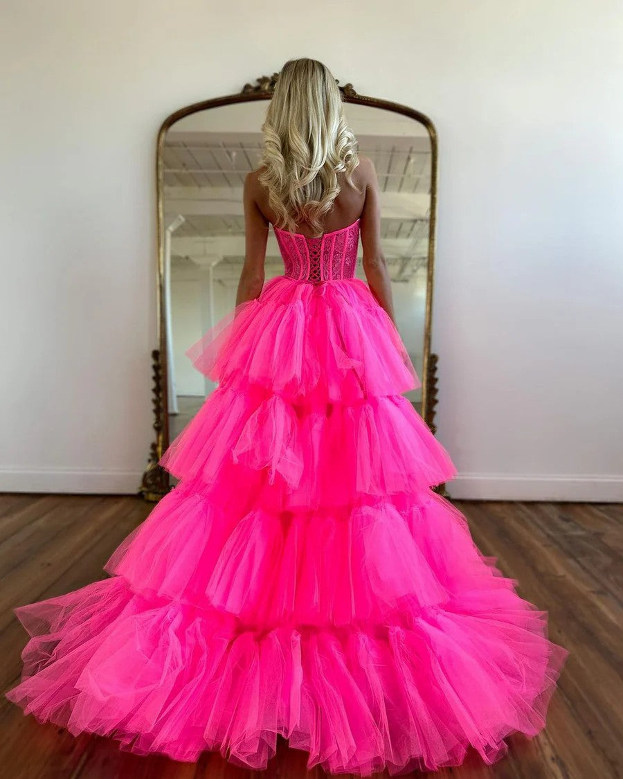 Lumidress Hot Pink A-Line Sweetheart Prom Dress with Lace Details