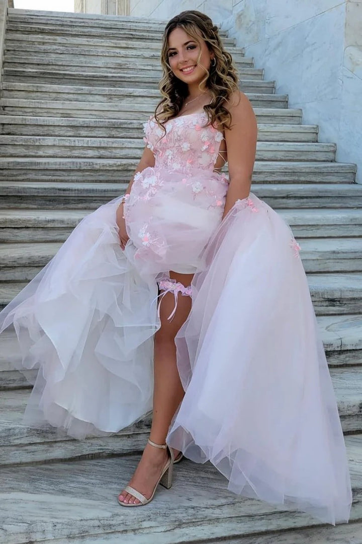 Lumidress  Romantic Pink Tulle Ball Gown with 3D Floral Appliques and Lace-Up Back