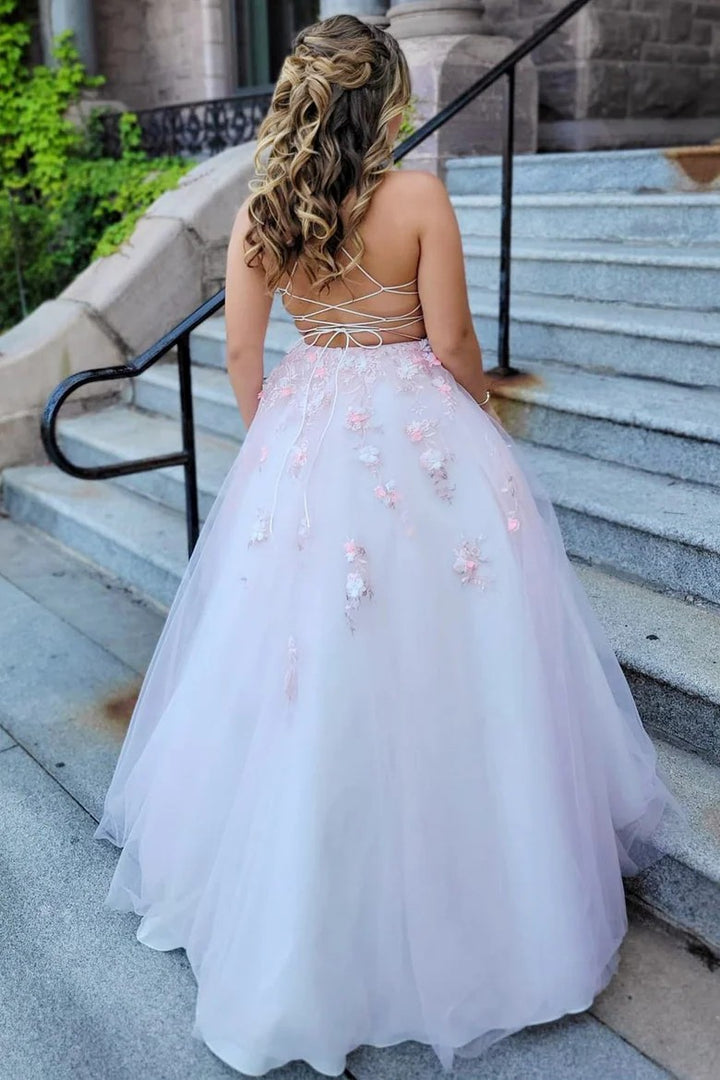 Lumidress  Romantic Pink Tulle Ball Gown with 3D Floral Appliques and Lace-Up Back