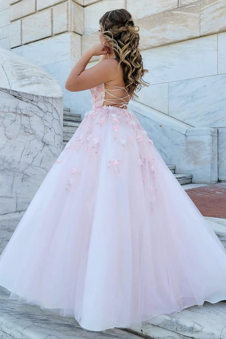 Lumidress  Romantic Pink Tulle Ball Gown with 3D Floral Appliques and Lace-Up Back