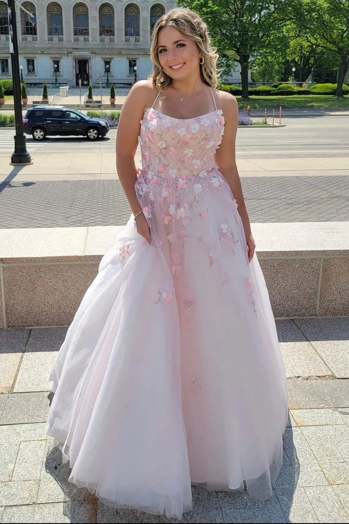 Lumidress  Romantic Pink Tulle Ball Gown with 3D Floral Appliques and Lace-Up Back