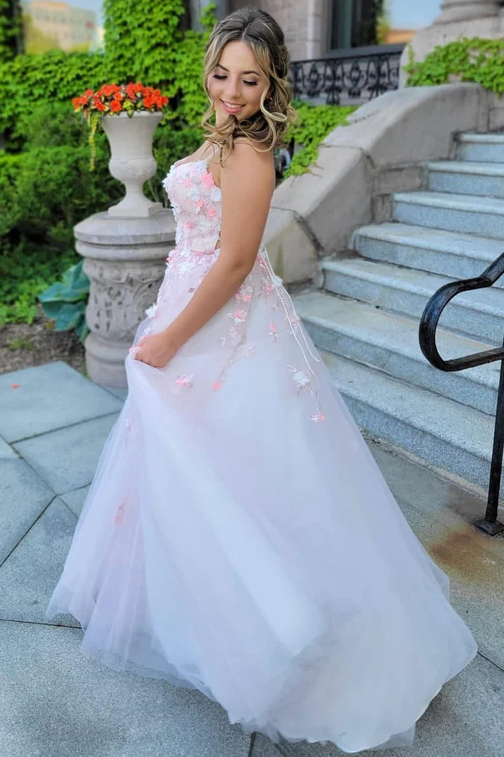 Lumidress  Romantic Pink Tulle Ball Gown with 3D Floral Appliques and Lace-Up Back
