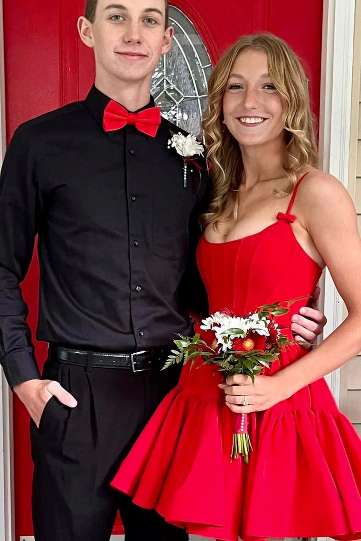 Lumidress Red Satin A-Line Lace-Up Corset Cocktail Dress