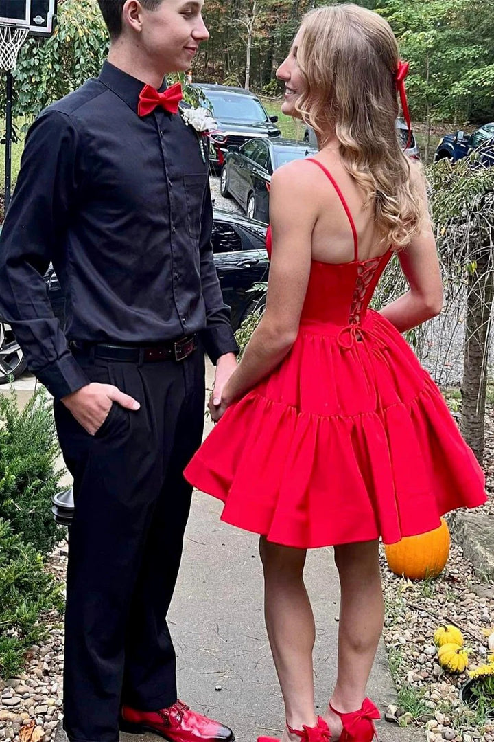 Lumidress Red Satin A-Line Lace-Up Corset Cocktail Dress