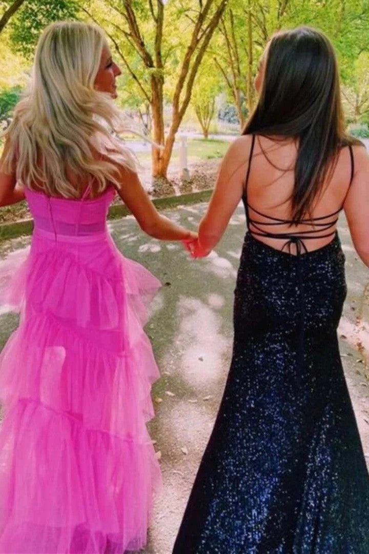 Lumidress Elegant Spaghetti Strap Tiered A-Line Long Prom Dress