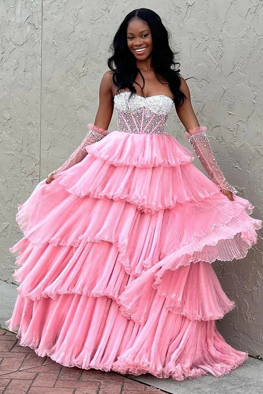Lumidress White Tiered Tulle Off-Shoulder Ball Gown with Beaded Bodice